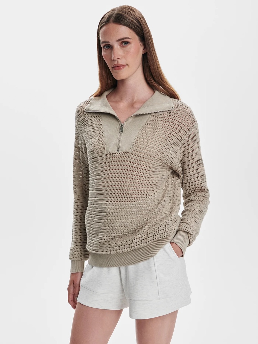 Varley Women’s Open-Knit Billie Half-Zip Cowl Sweater in Taupe Sz Medium